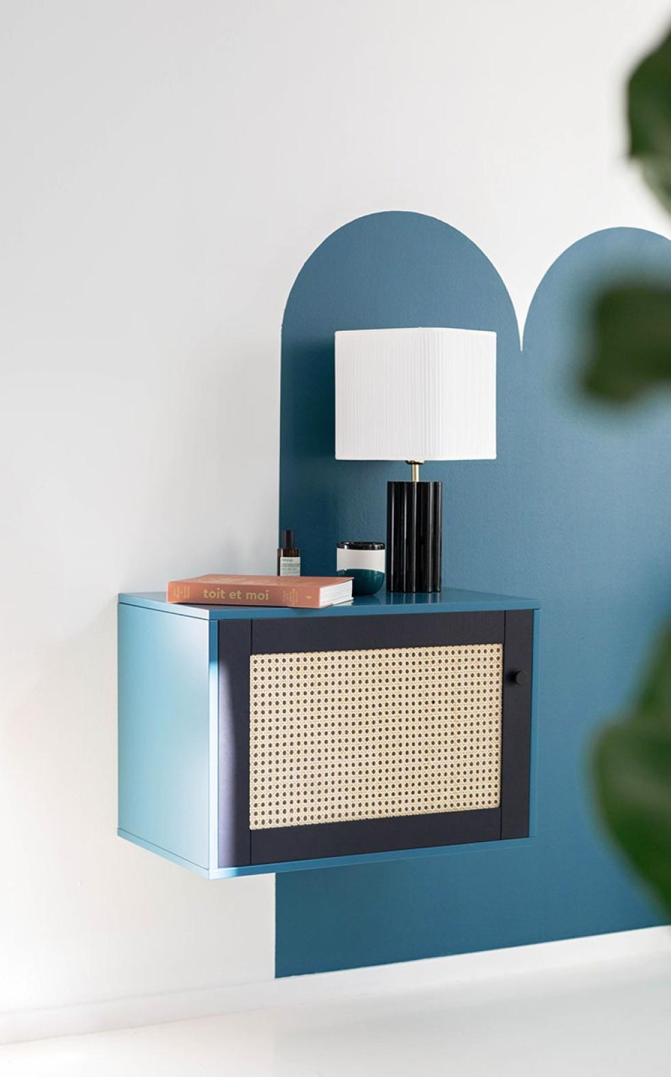 Suspended bedside table in  Bleu lagon and asphalte