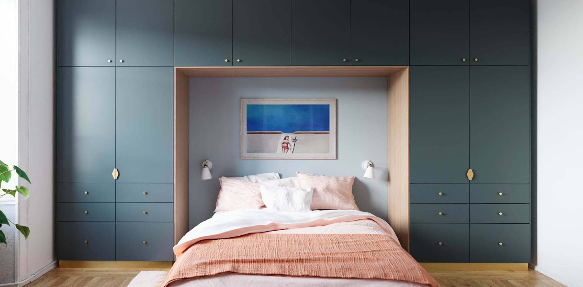 Wardrobe x headboard in Blue 02 - Bleu nuit, white alcove