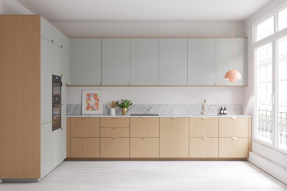 Two-tone kitchen in Green 01 - Amandier grisé & oak
