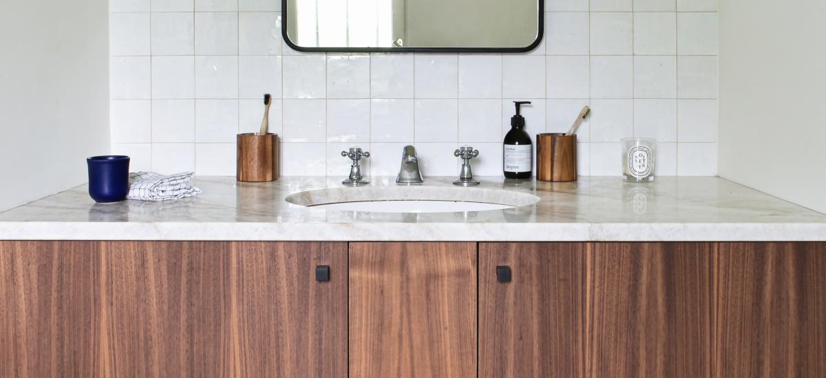Walnut and zellige bathroom